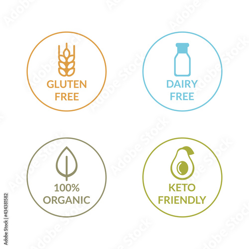 Vector illustration set of colored icons of safe food without allergens. Keto diet, lactose and milk free, gluten free, organic food. For labels and packaging