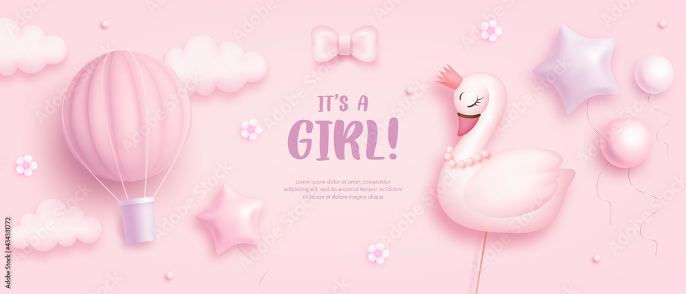 Baby shower horizontal banner with cartoon swan, hot air balloon, helium balloons and flowers on pink background. It's a girl. Vector illustration