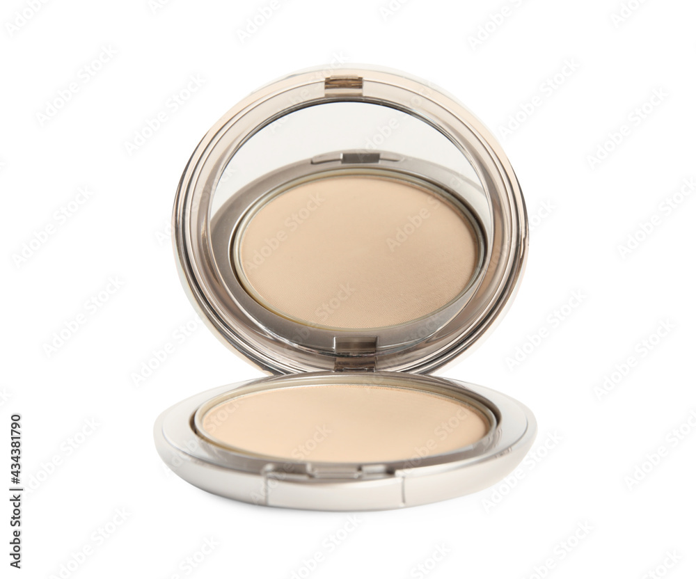 Grey pocket powder with mirror isolated on white. Cosmetic product Grey pocket powder with mirror isolated on white. Cosmetic product