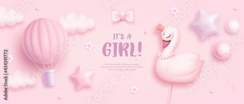 Baby shower horizontal banner with cartoon swan, hot air balloon, helium balloons and flowers on pink background. It's a girl. Vector illustration