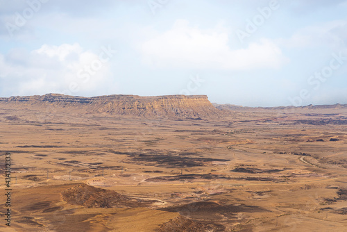 Ramon Crater Makhtesh Ramon, the largest in the world, as seen from the high rocky cliff edge surrounding it from the north, Ramon Nature reserve, Mitzpe Ramon, Negev desert, Israel. High quality © Avi