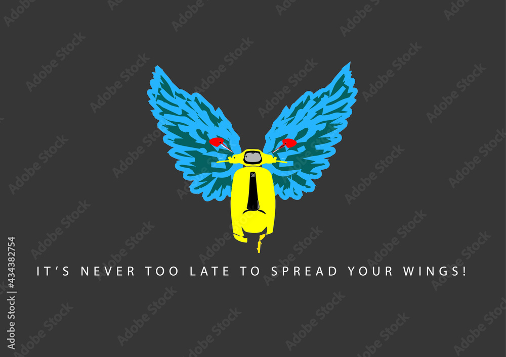 Yellow classic scooter with wings and motivational quote vector design