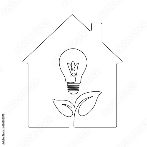 House and lightbulb like a plant in one line drawing. Save energy concept in minimalistic style and editable stroke. Can used for logo, emblem, slide show and banner. Vector illustration