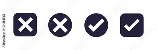 Check and cross icons with dark grey color. Approval check icon isolated on white background.