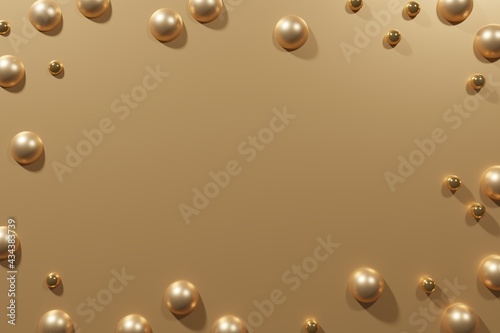 3d render of golden pearl balls frame on gold metallic background