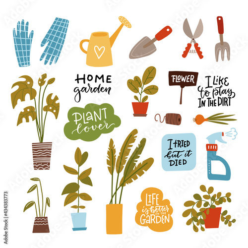 Set of home gardening tools isolated on white background. Bundle of equipment for agricultural work, houseplant cultivation or transplantation, work in home garden. Flat cartoon vector illustration.