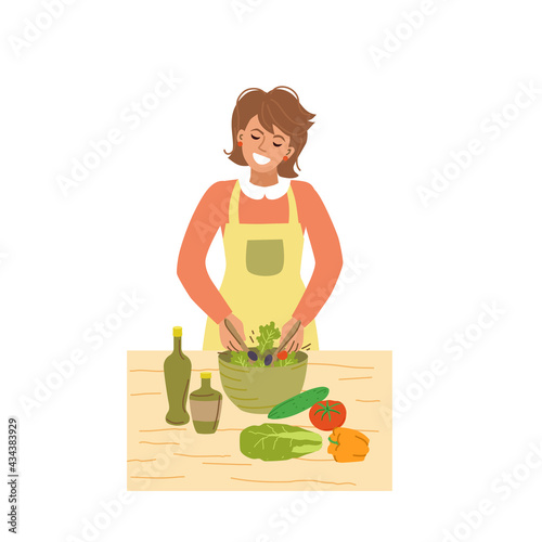 A happy girl in an apron prepares a salad in a bowl, fresh vegetables, olive oil. Home-cooked food, dinner, cozy atmosphere. Vector illustration in the flat style. Vector illustration