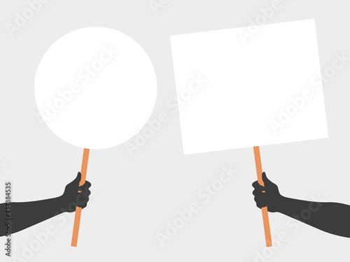 Banner design, hands hold placards. Hands with placards. Placard protest or advertising. Human hands hold a blank. Vector illustration