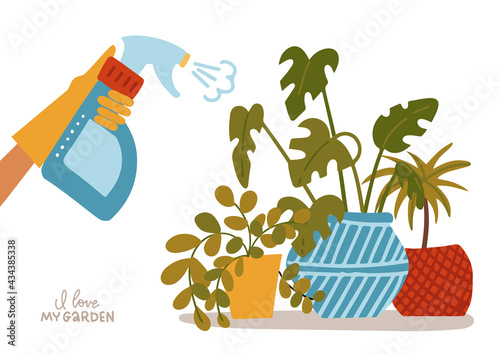 Hand spraying house Plants in pots. Water Pulverizer Symbol with home flower. Hand holds Spray Bottle for watering potted flowers. Care of houseplants and indoor gardening. Vector flat illustration