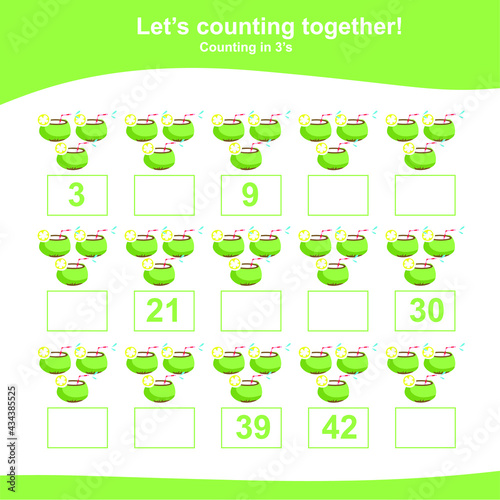 Counting the coconut game for Preschool Children. This worksheet is suitable for educating early age children to count multiples of three. Educational printable math worksheet. Additional puzzles.