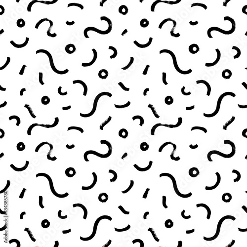 Seamless black and white chaotic design. Hand drawn vector rounded shapes and circles. Curved and curly grungy lines. Scribbled rough brushstrokes. Biological grunge squiggle lines, structure. 