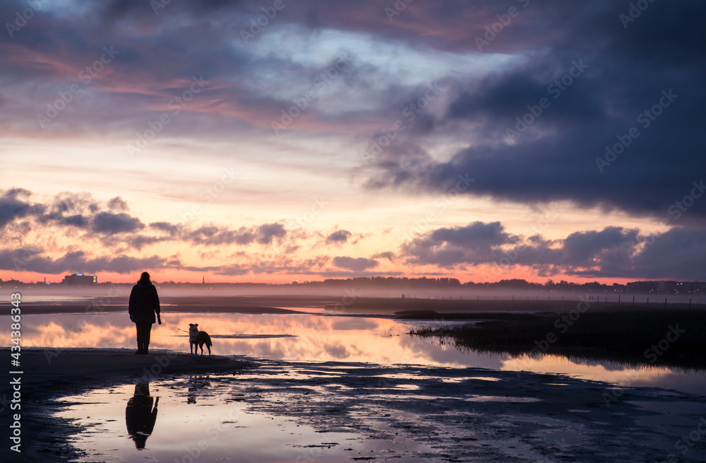 Silhouette of the woman with her dog enjoy the scenic sunset view over sandy beach and misty coast toward city lights in the distance