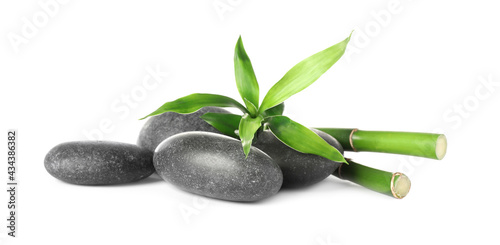 Spa stones and bamboo stems on white background