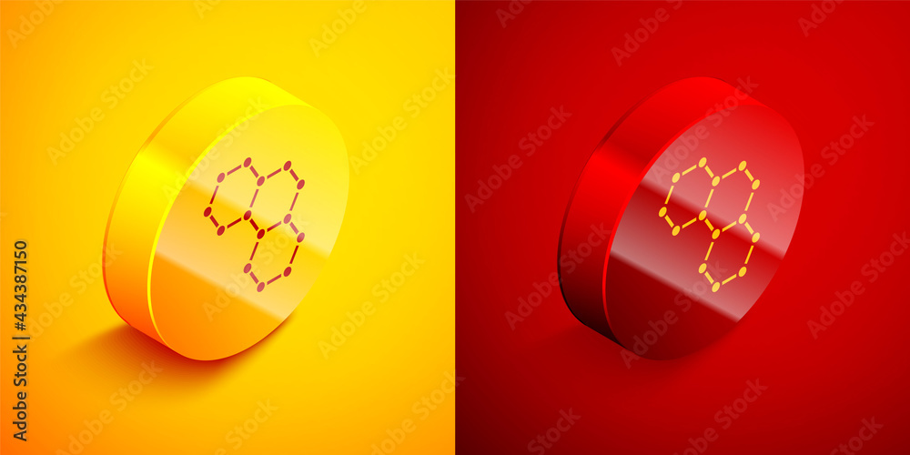 Isometric Chemical formula icon isolated on orange and red background. Abstract hexagon for innovation medicine, health, research and science. Circle button. Vector Isometric Chemical formula icon isolated on orange and red background. Abstract hexagon for innovation medicine, health, research and science. Circle button. Vector