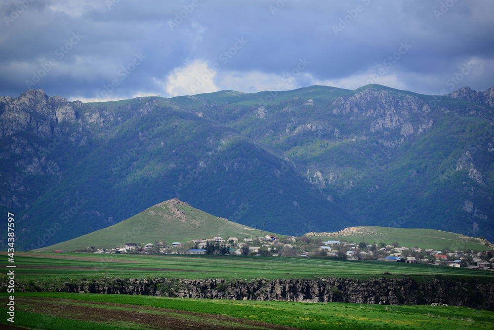 Spring landscape with settlement and field, Armenia