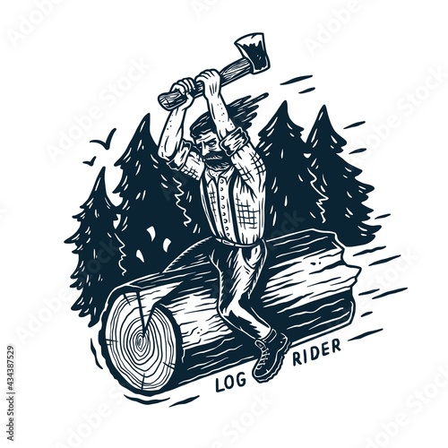 Lumberjack, woodcutter of carpenter or axeman. Woodworker and logger with axe in hand. Monochrome t-shirt print