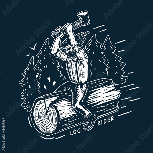 Lumberjack, woodcutter of carpenter or axeman. Woodworker and logger with axe in hand. Monochrome t-shirt print