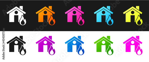 Set Fire in burning house icon isolated on black and white background. Vector