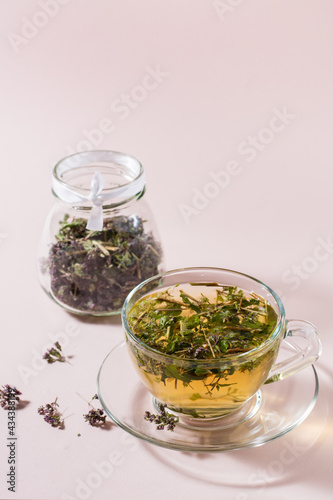 Fresh hot tea with oregano in a cup and dry herb in a jar. Herbal medicine and alternative therapy. Vertical view