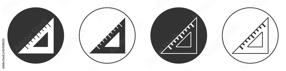 Black Triangular ruler icon isolated on white background. Straightedge symbol. Geometric symbol. Circle button. Vector Black Triangular ruler icon isolated on white background. Straightedge symbol. Geometric symbol. Circle button. Vector