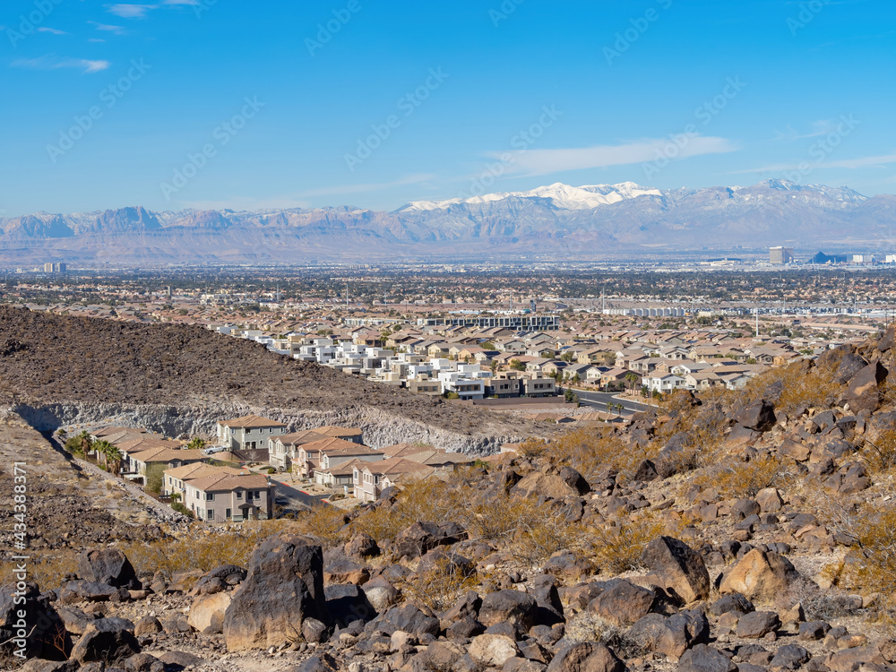 High angle view of the Vegas cityscape from Henderson View Pass