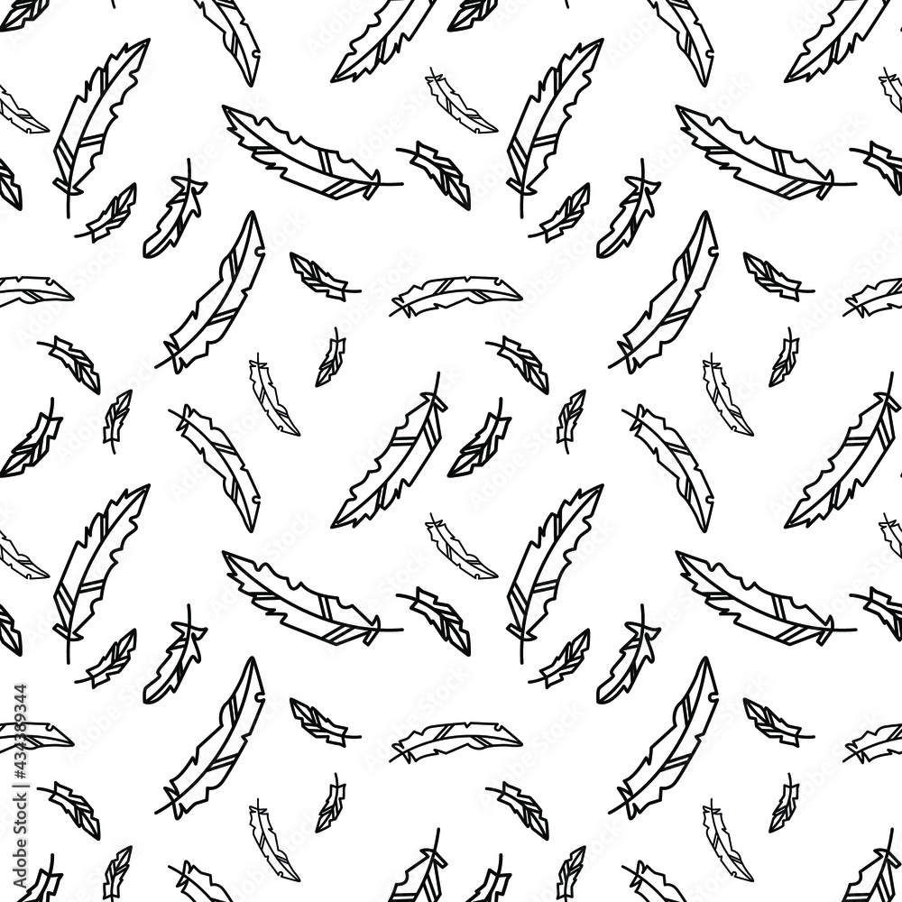 Vector seamless pattern with black feathers on a white background. Perfect for printing on fabric, paper.