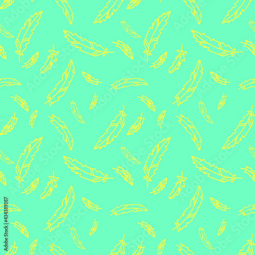 Vector seamless pattern with yellow feathers on a bright blue background. Perfect for printing on fabric, paper.