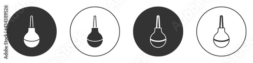 Black Enema icon isolated on white background. Enema with a plastic tip. Medical pear. Circle button. Vector