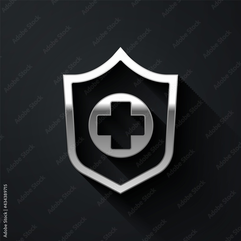 Silver Life insurance in hand icon isolated on black background. Security, safety, protection, protect concept. Long shadow style. Vector