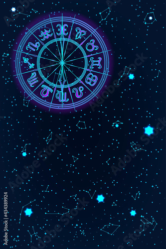 Blue and Pink Round Frame with Zodiac Signs. Horoscope Symbol. Panoramic Sky Map of Hemisphere. Glowing Constellations on Starry Night Background. Raster Illustration
