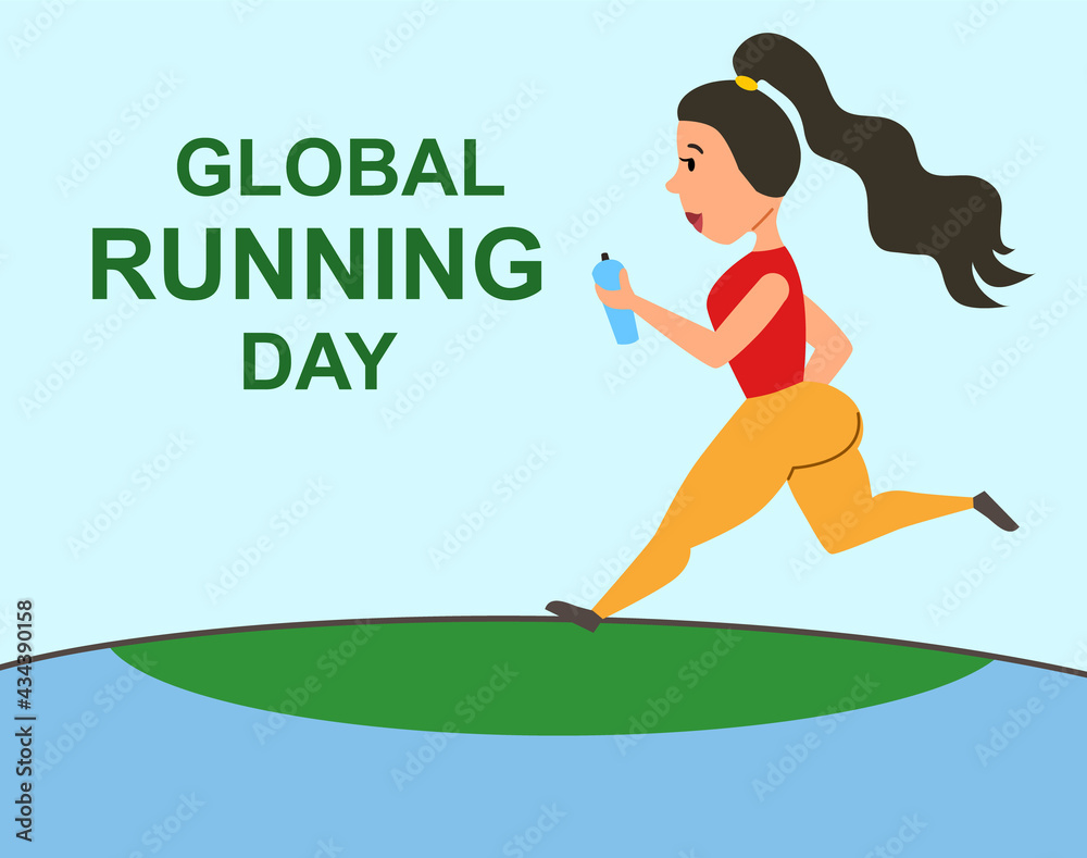 Global Running Day flat vector illustration. Poster of a piece of land with the inscription. Jogging female athletes cartoon character. Sports training, poster design with the inscription