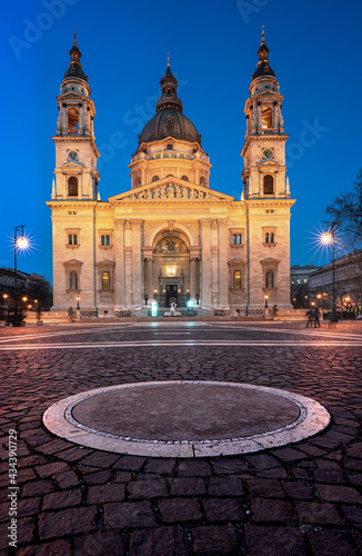 Famous Saint Stephen Cathedral at night in Budapest, Hungary