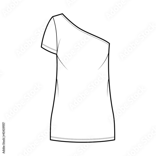 Dress one shoulder technical fashion illustration with short sleeve, oversized body, mini length pencil skirt. Flat apparel front, white color style. Women, men unisex CAD mockup