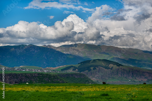 Spring landscape with settlement and field, Armenia