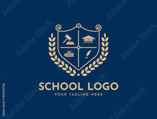Bachelor hat, leaf, book, or crown icons. Vector golden wreath Logo Template. Beautiful badge design for high school education graduates in maritime science, law, study, university, or business.
