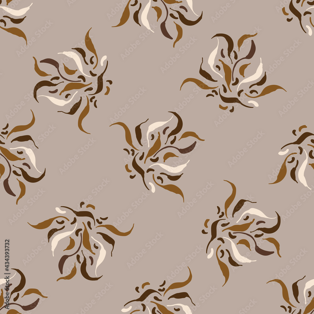 Seamless minimalist doodle leaf pattern background. Calm boho earthy