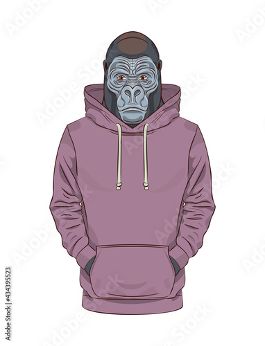Gorilla in a purple sweatshirt or hoodie. Vector print illustration for sweatshirts, sweatshirts, t-shirts, posters, cards, pet supplies