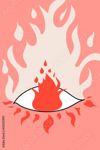 Simple Boho Abstract Devil Fire Eye in Minimal Linear Style. Astrological Mystifical Sacred Talismans for Tattoo, T-shirt, Prints, Boho Poster, Magic, Occult, Bohemia, Tribal Elements, Fethers