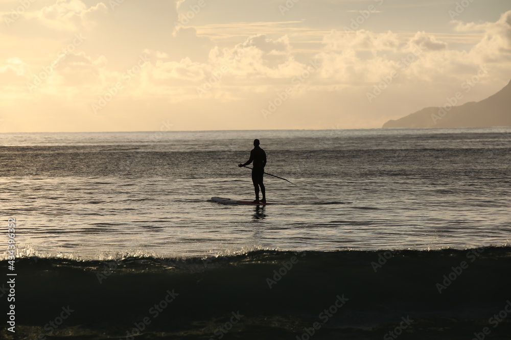 Obraz premium Silhouette of a man with a paddle on a board in the sea doing sports at dawn.Stand up paddle surfing.The concept of recreation and active lifestyle