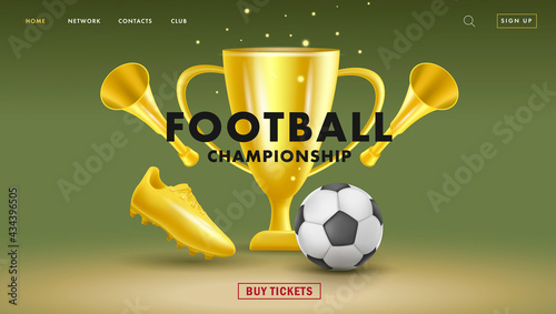 Web banner with fottball tournament 3d golden attributes like ball, golden boot and horn, first place cup