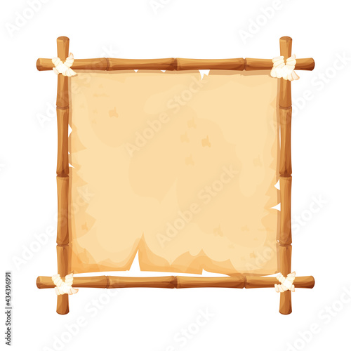 Hawaiian bamboo frame with old parchment and rope in cartoon style isolated on white background. Empty signboard, template poster.