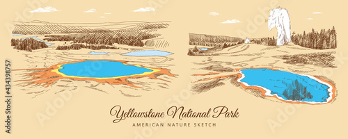 Color sketch of Yellowstone National Park's nature and lakes, USA, hand-drawn.