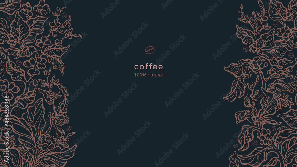 Coffee border. Aroma plantation, raw arabica beans