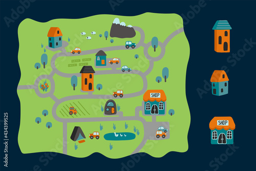 Cartoon city map. Children's poster in the children's room or carpet. Children's pattern background cartoon town with houses, cars and animals in nature. Vector illustration