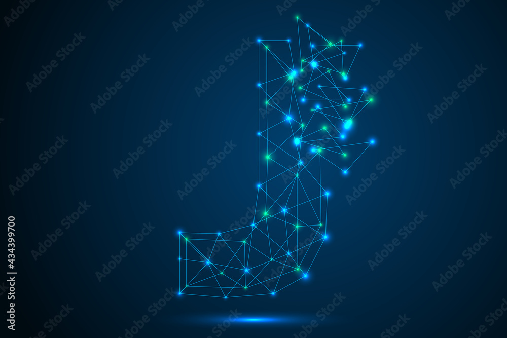 Obraz premium The destruction of the abstract font of letters consists 3d of triangles, lines, dots and connections. On a dark blue background cosmic universe stars, meteorites, galaxies. Vector eps 10.