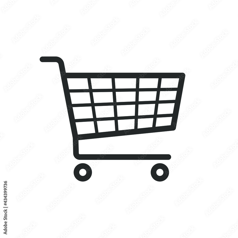 Shopping cart icon symbol. Flat shape trolley web store button. Online shop logo sign. Vector illustration image. Black silhouette isolated on white background. Shopping cart icon symbol. Flat shape trolley web store button. Online shop logo sign. Vector illustration image. Black silhouette isolated on white background.