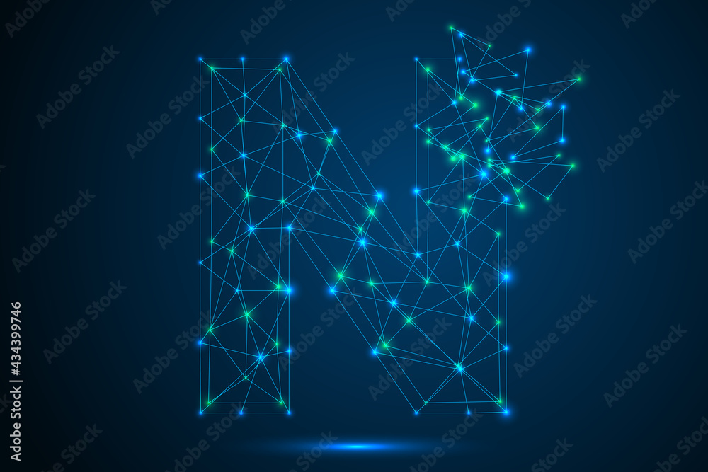 Obraz premium The destruction of the abstract font of letters consists 3d of triangles, lines, dots and connections. On a dark blue background cosmic universe stars, meteorites, galaxies. Vector eps 10.