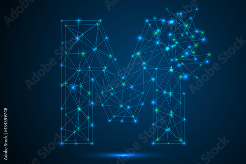 The destruction of the abstract font of letters consists 3d of triangles, lines, dots and connections. On a dark blue background cosmic universe stars, meteorites, galaxies. Vector eps 10.