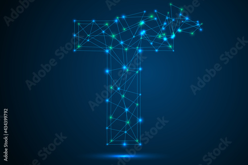 The destruction of the abstract font of  letters consists 3d of triangles, lines, dots and connections. On a dark blue background cosmic universe stars, meteorites, galaxies. Vector eps 10.