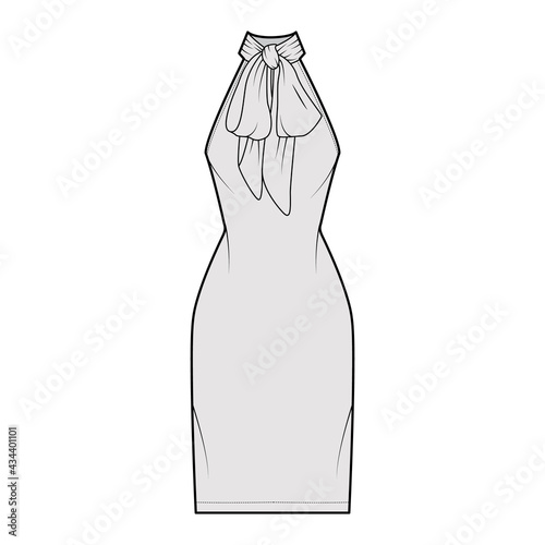 Dress neck bow technical fashion illustration with high halter neckline, sleeveless, fitted body, knee length pencil skirt. Flat apparel front, grey color style. Women, men unisex CAD mockup